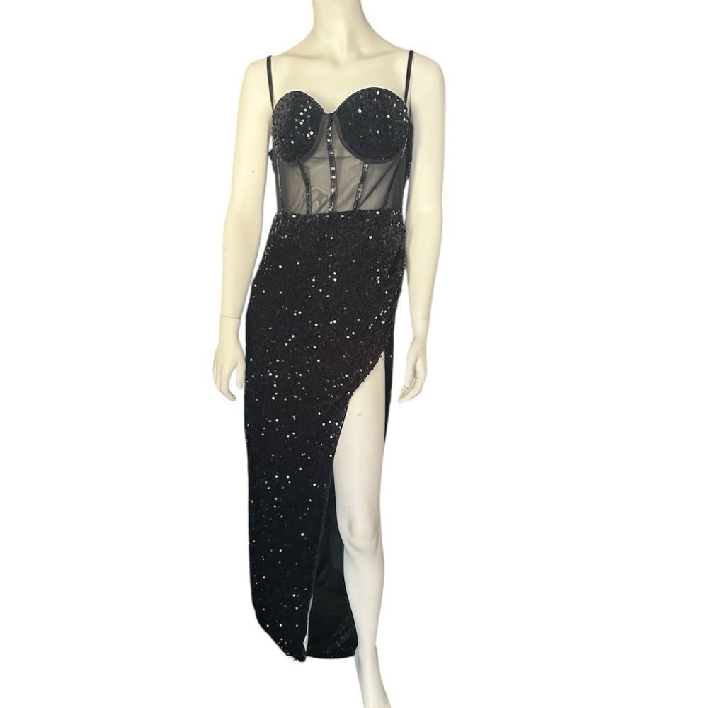 Beautiful Sequin Mesh Panel Split Thigh Maxi, Cami Dress Black XL NWOT
